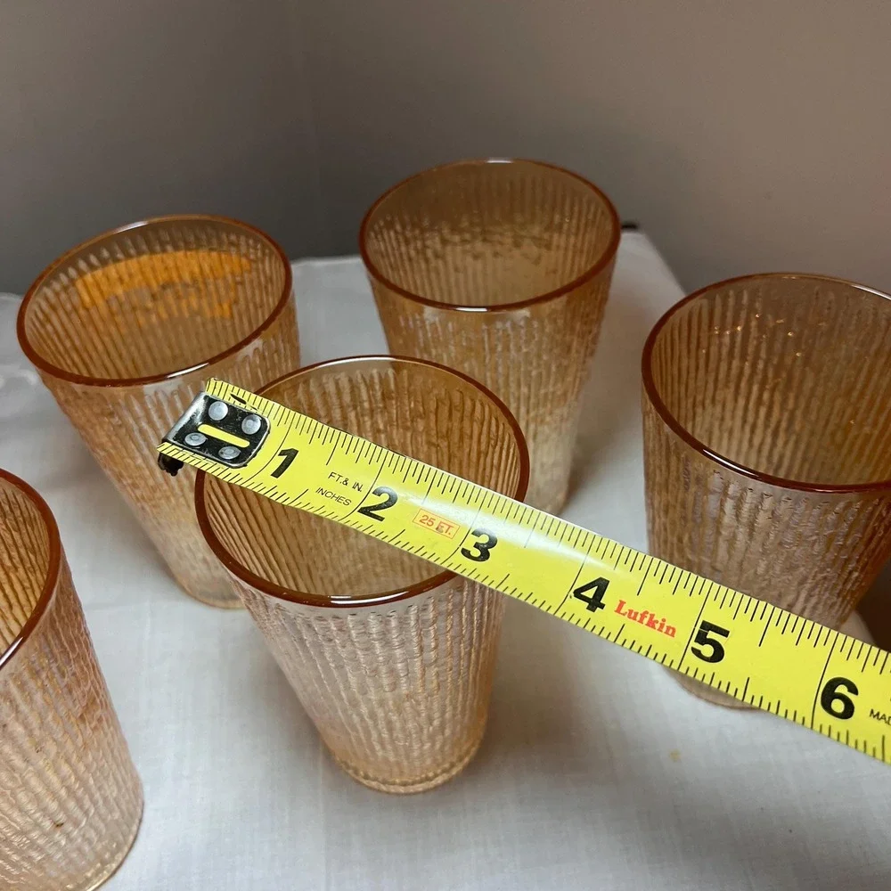 Set of 6 Vintage Amber Textured Drinking Glasses Mid Century Retro Tumblers